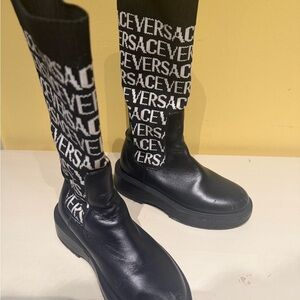 Versace Black and White Logo Sock Boots